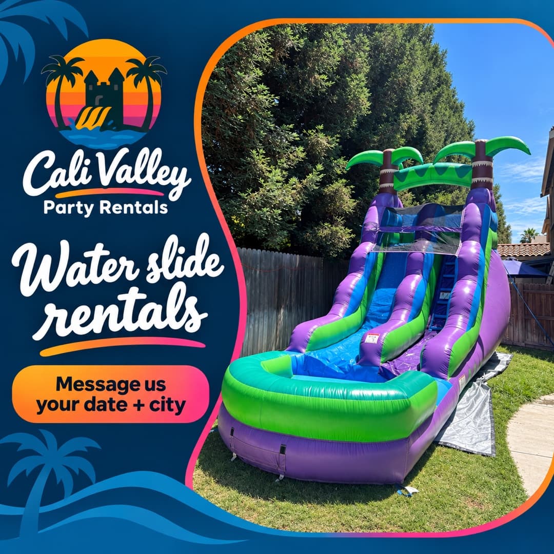 Cali Valley Party Rentals graphic with its sunset, palm-tree, castle, and water logo; white script on deep blue; and orange-to-pink accents. A purple, green, and blue palm-tree inflatable water slide with a front splash pool stands in a sunny backyard. Text reads “Cali Valley Party Rentals,” “Water slide rentals,” and “Message us your date + city.”
